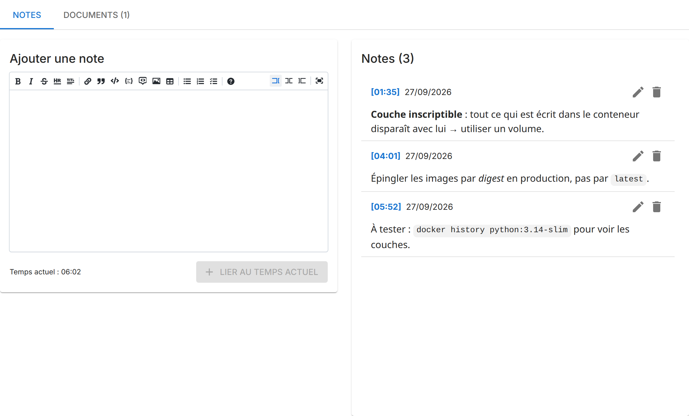 Onglet Notes : éditeur Markdown, temps actuel, bouton Lier au temps actuel, et liste des notes avec leur timecode.