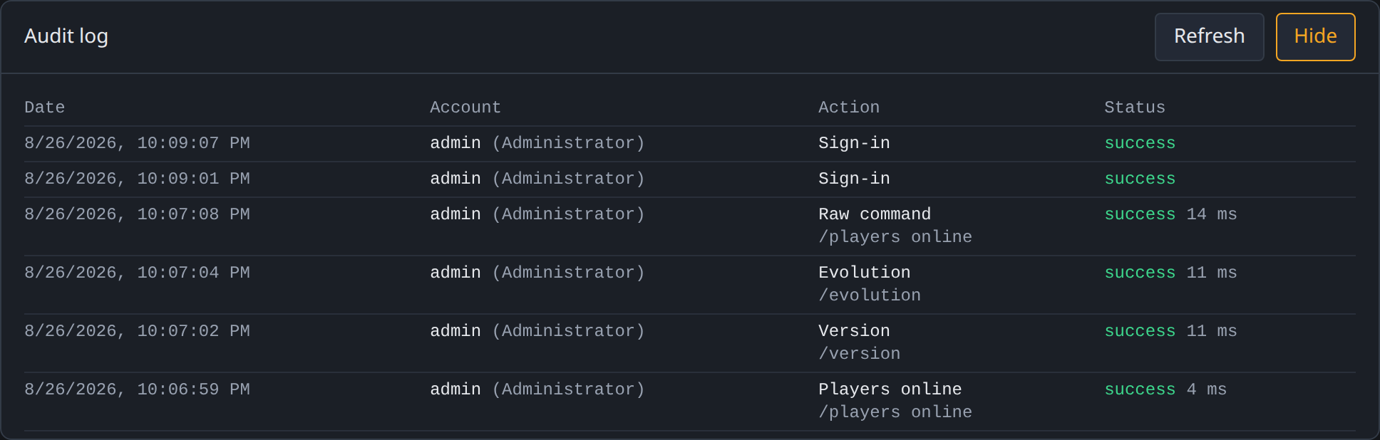 Audit log: timestamp, role, action, the command actually sent, and the result for each entry.